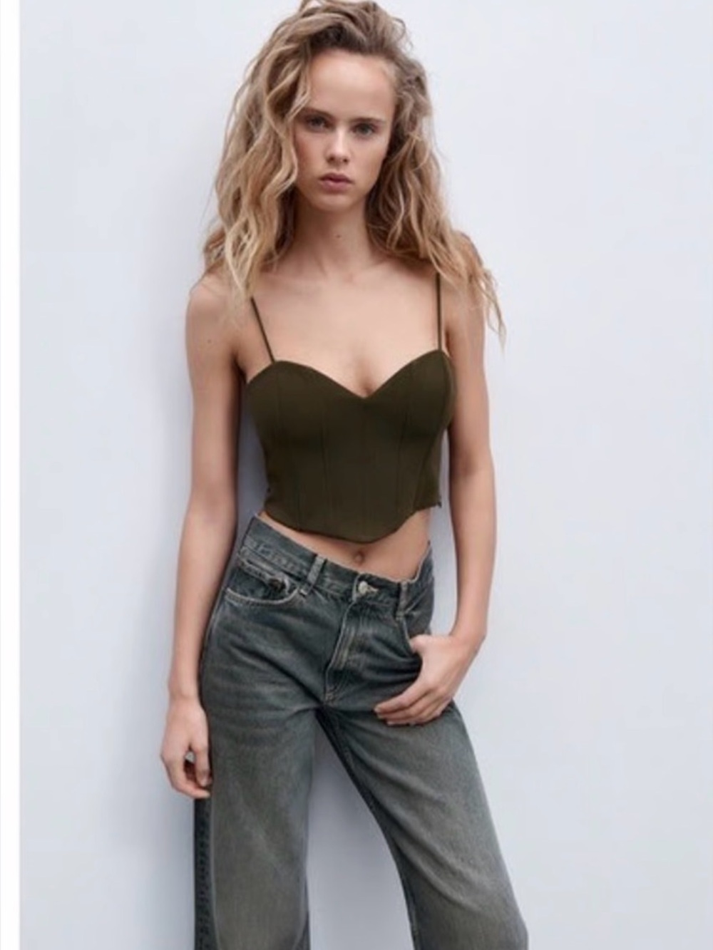 Zara Olive Green Corset-Style Crop Camisole